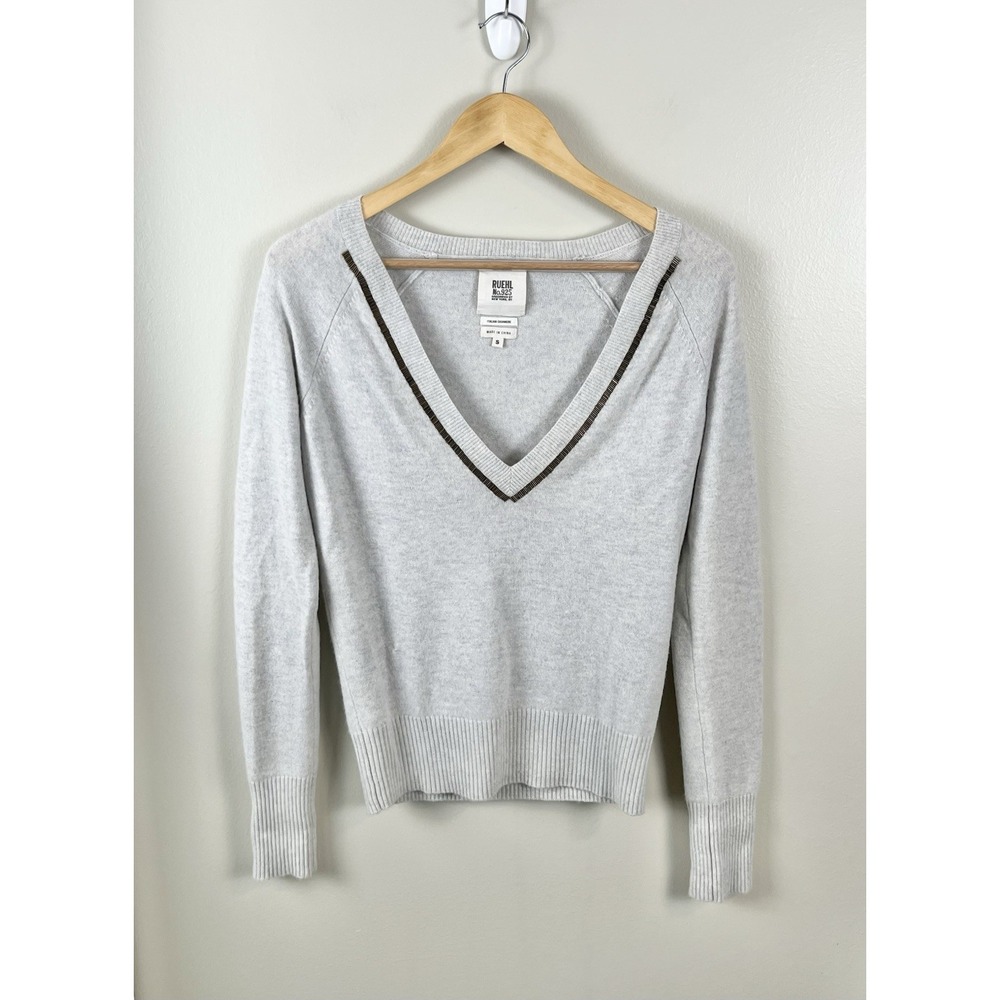 Ruehl No. 925 100% Italian Cashmere Deep V Sweater Light Gray Y2K Women's Small‎